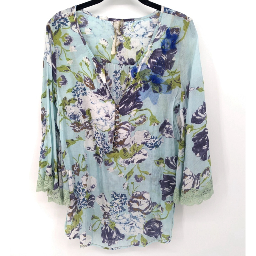 Aratta Silent Journey Top Womens Medium Blue Floral Tunic Lace Boho Artsy Garden